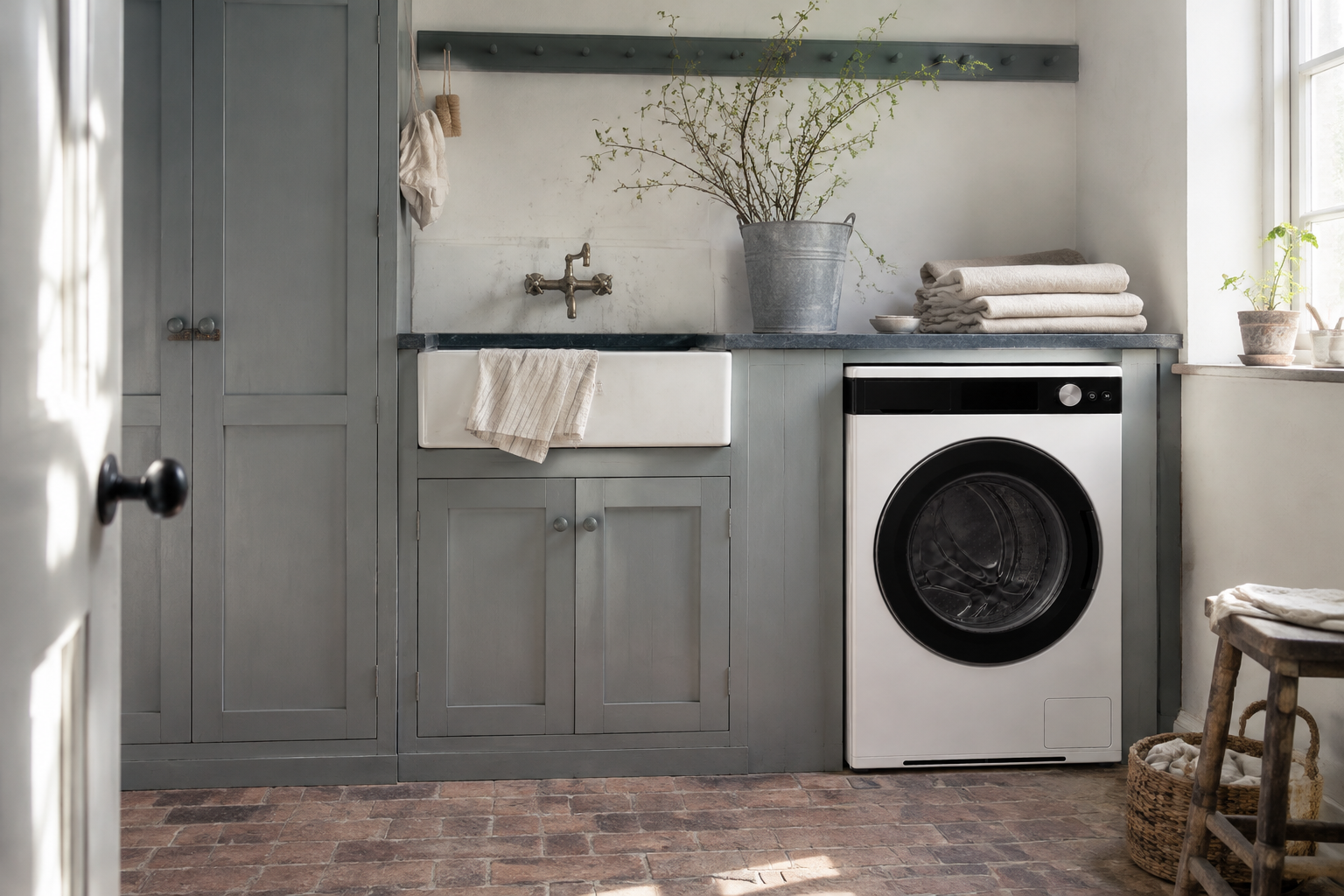 Washer One in a blue-grey laundry room with flowers