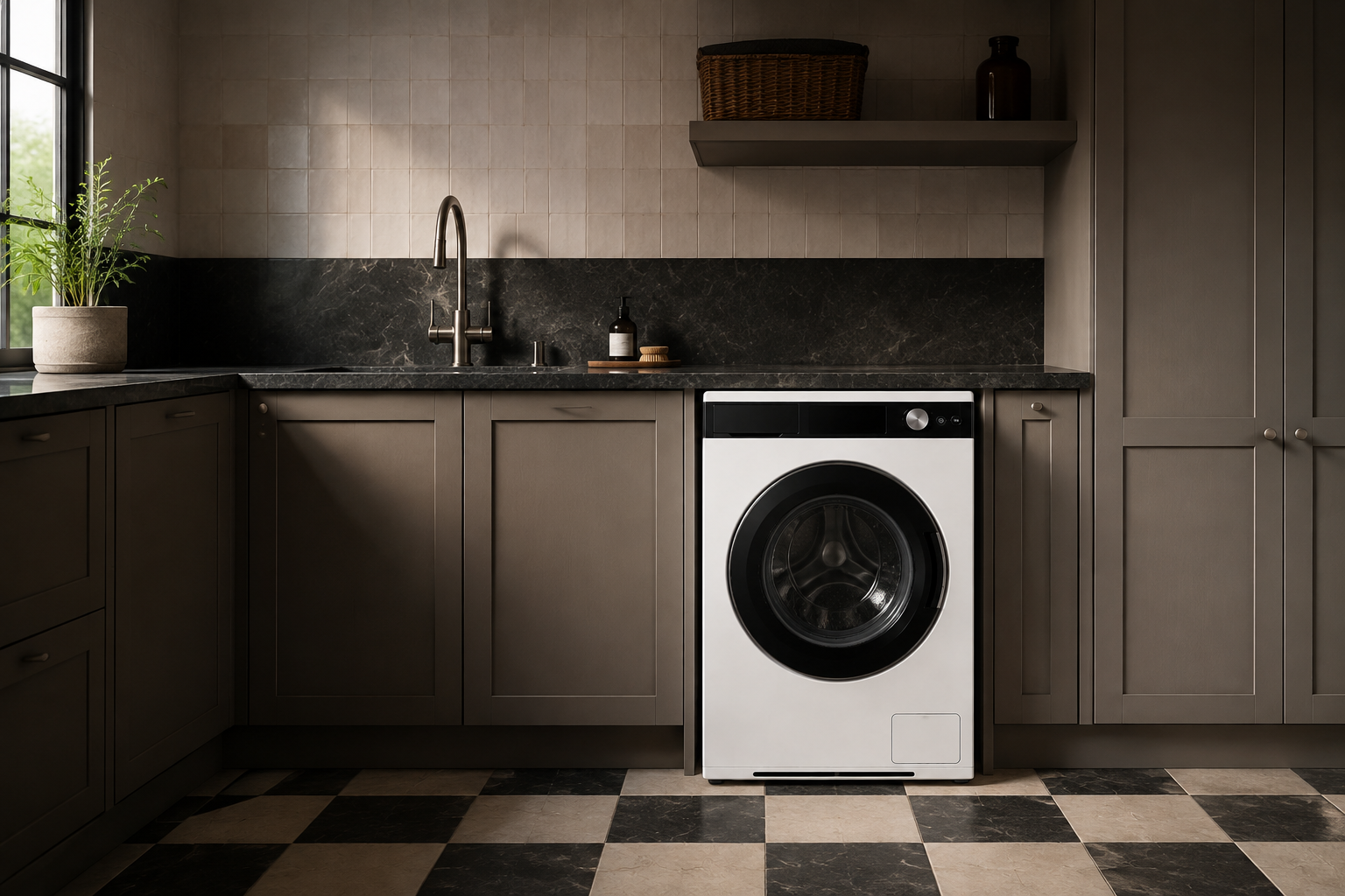 Washer One surrounded by high-contrast stone and cabinetry