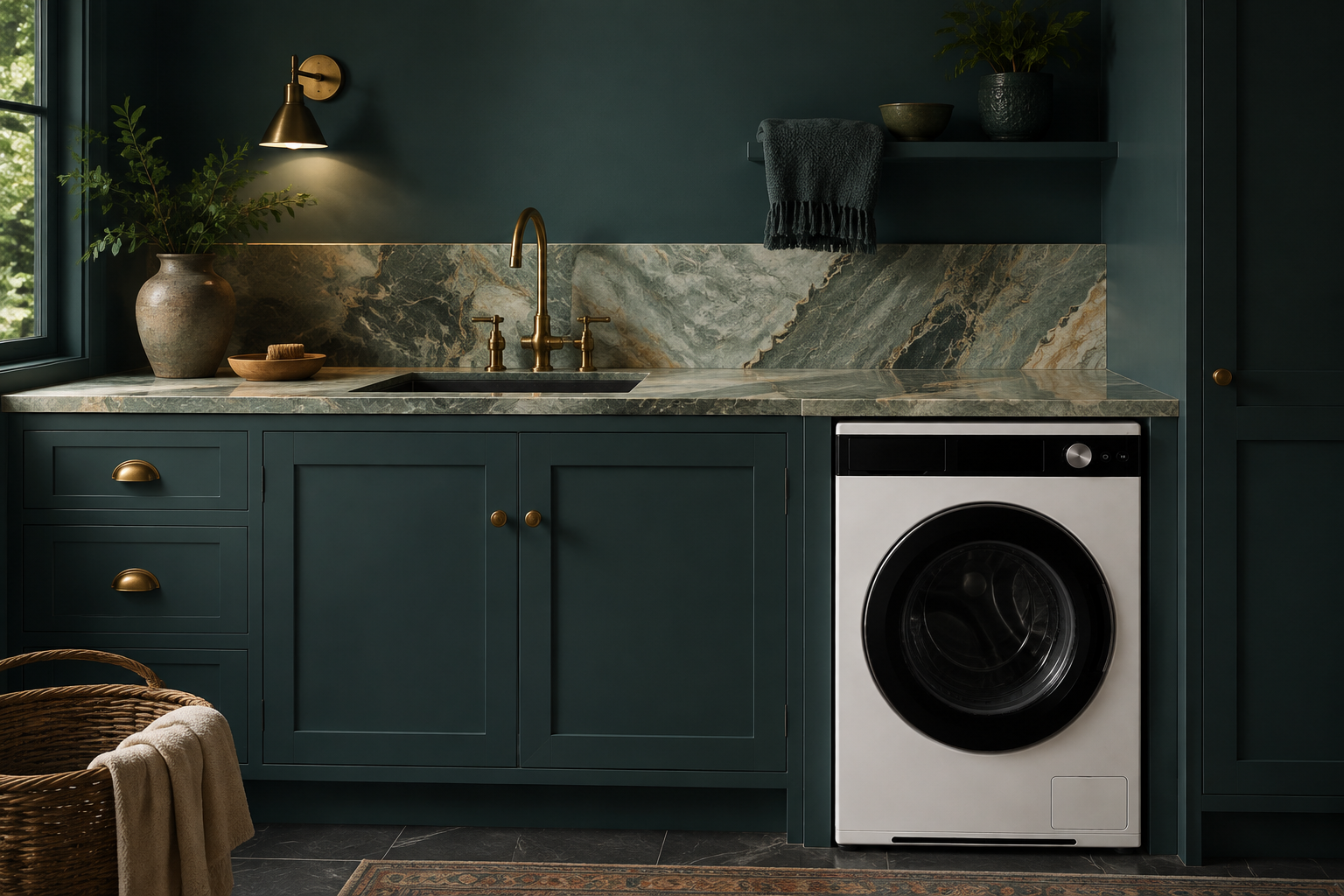 Washer One in a jewel-toned teal laundry room