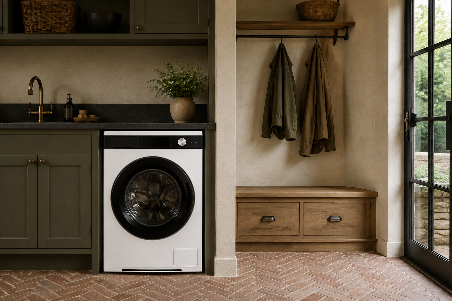 Washer One in a warm olive mudroom