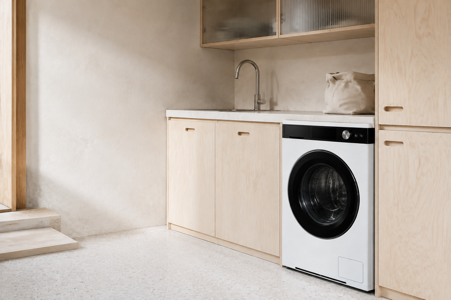 Washer One in a pale ash modern laundry room