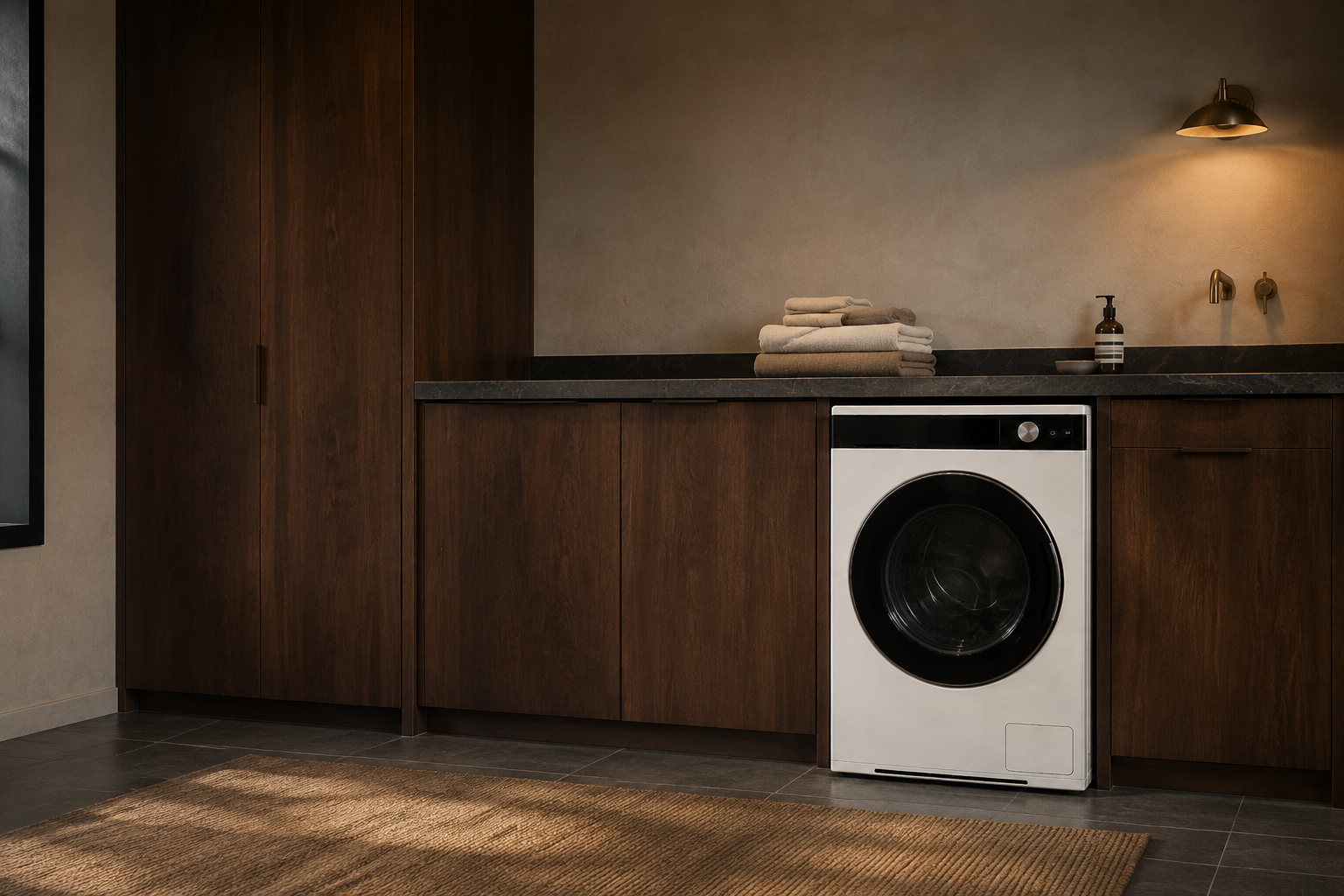 Washer One under walnut cabinetry at dusk