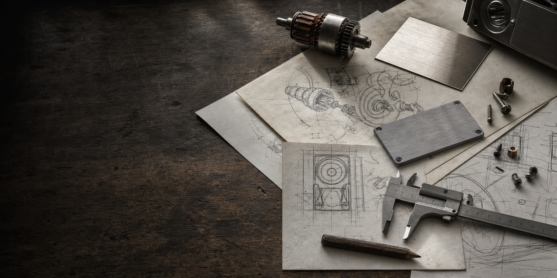 Mechanical components, measuring tools and drawings on an engineering workbench