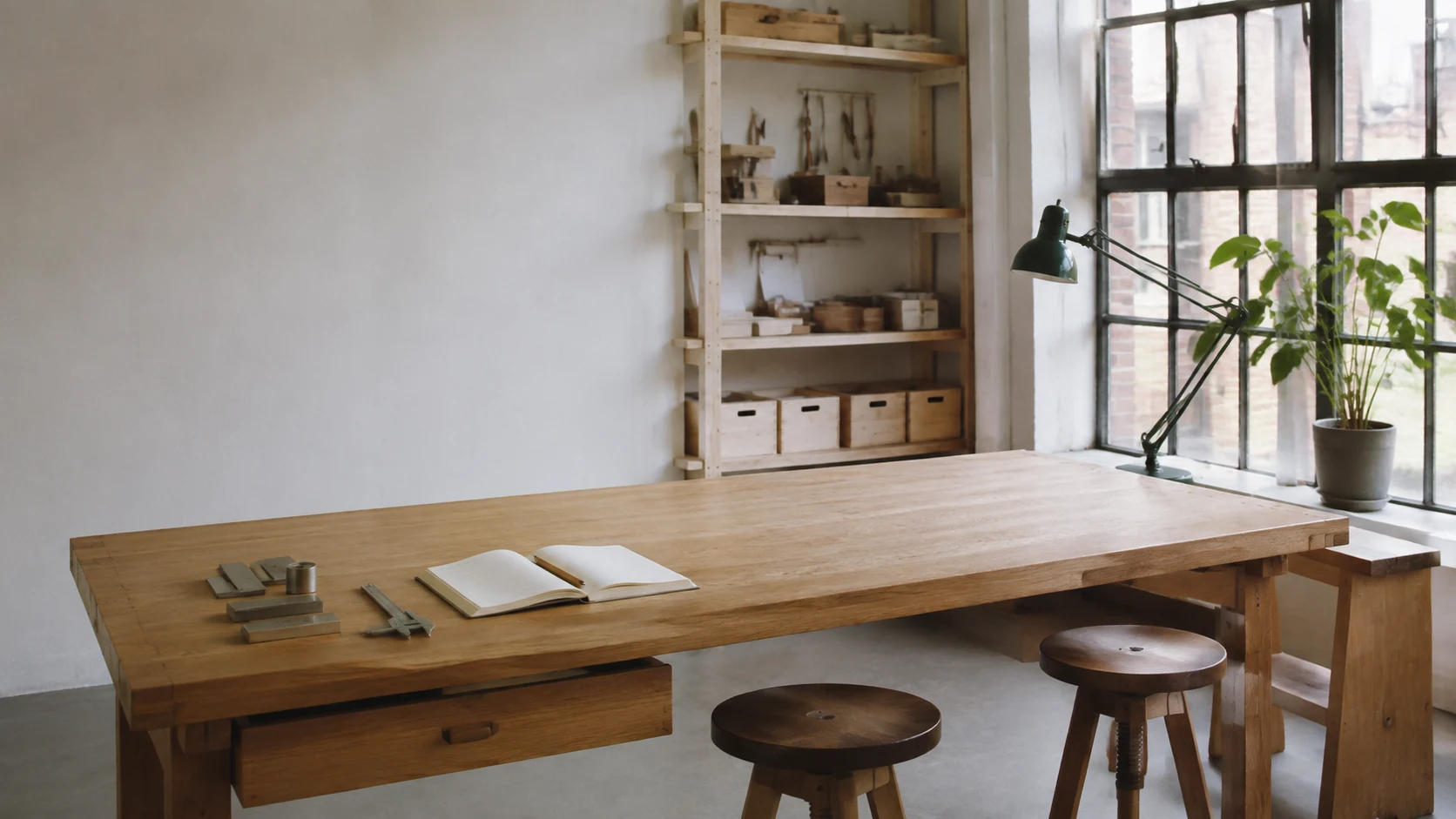 Illustrative workspace with a sunlit workbench, tools and an open notebook.