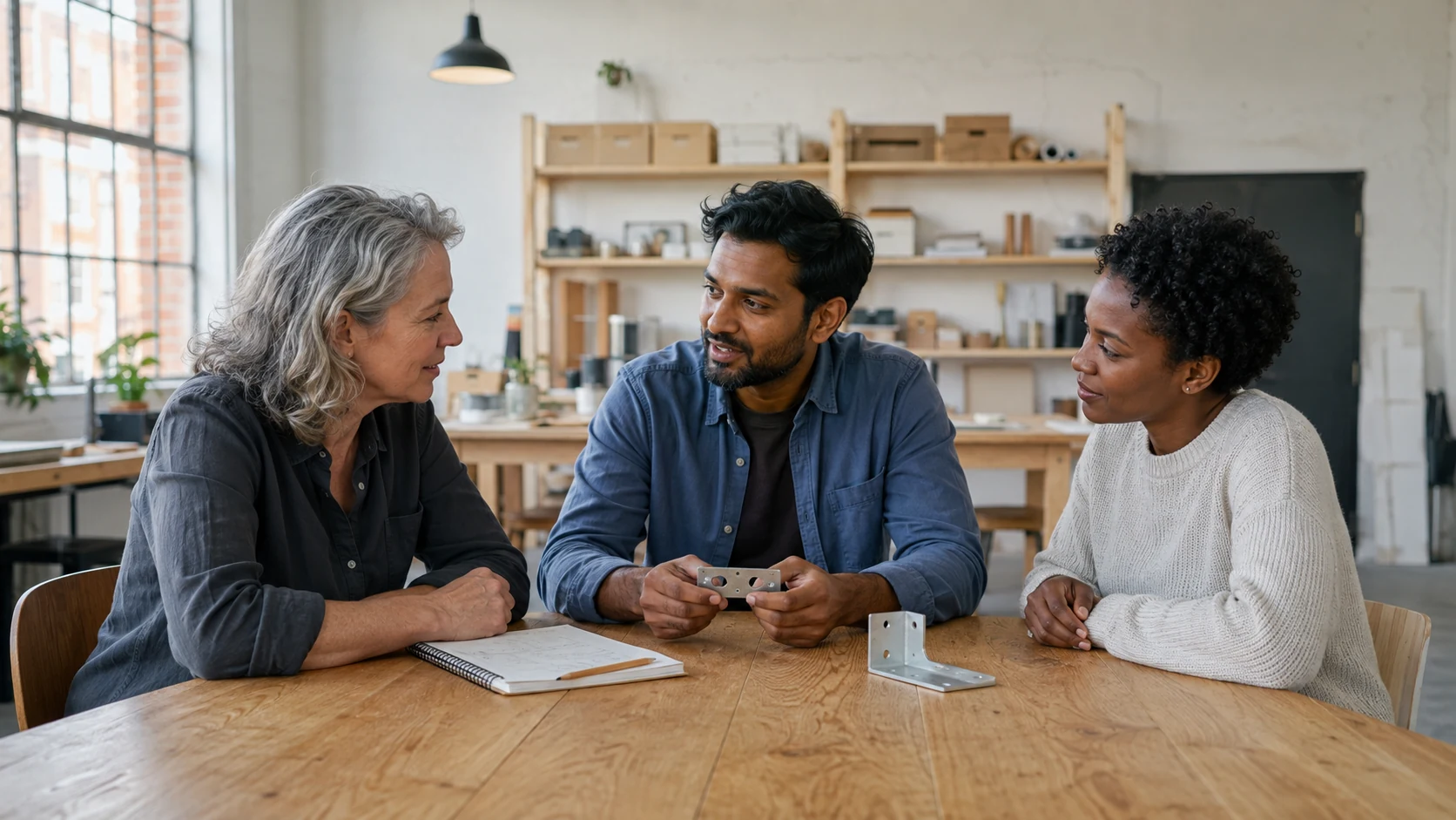 Illustrative scene of three people discussing a simple metal component at a worktable.