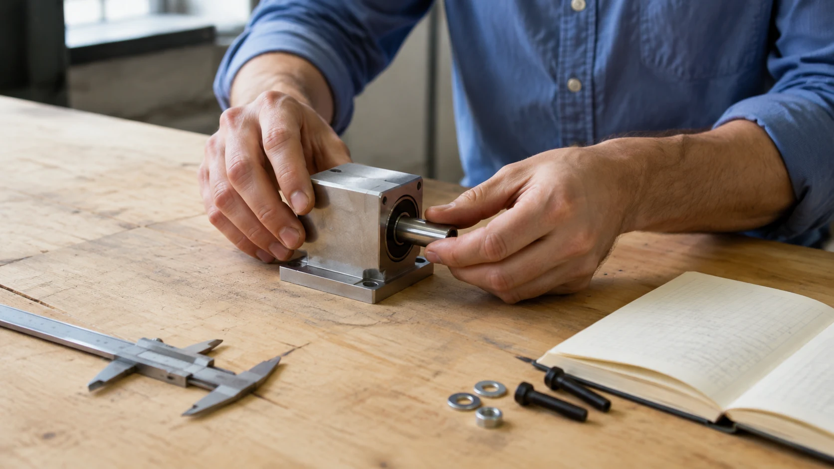 Illustrative close-up of hands examining a metal bearing assembly at a workbench.