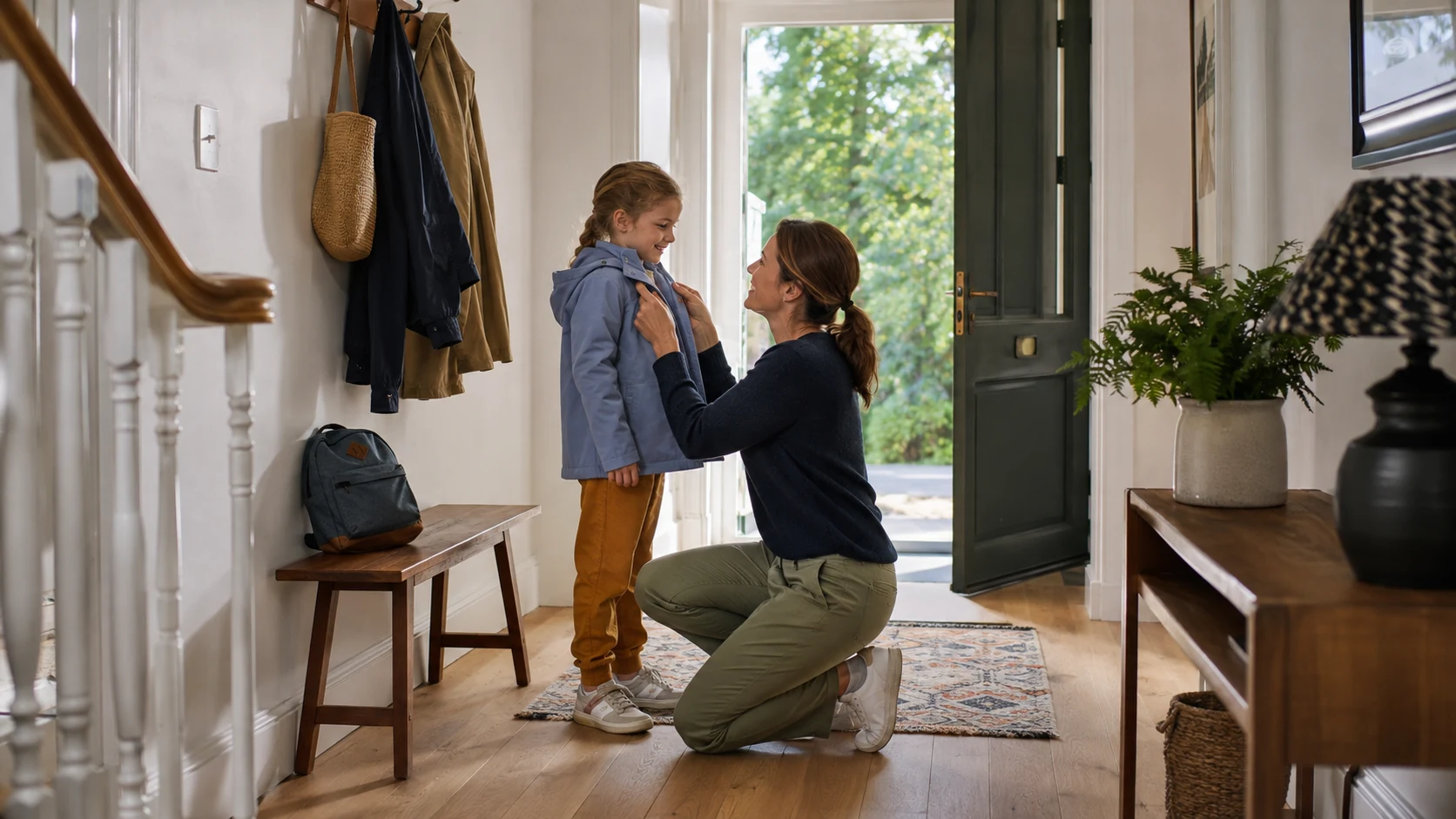 A parent helping a child into a jacket before heading outside.