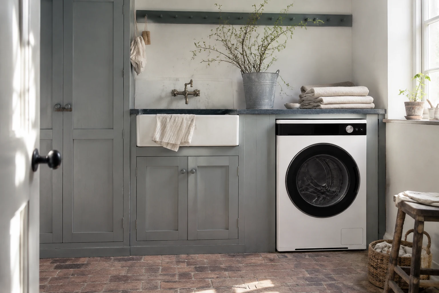Washer One in a blue-grey laundry room with flowers