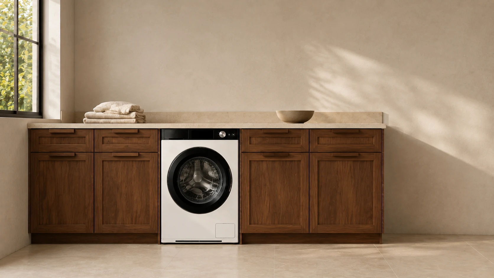 Washer One beneath a limestone counter with walnut cabinets in afternoon light