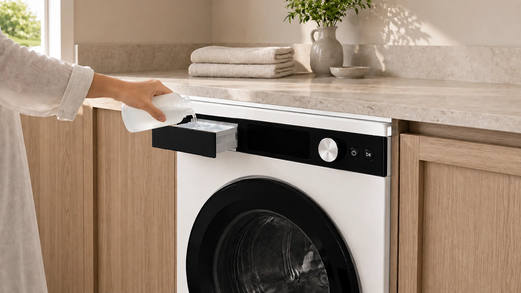 Filling Washer One’s regular top-left dispenser for one load in a light oak laundry room