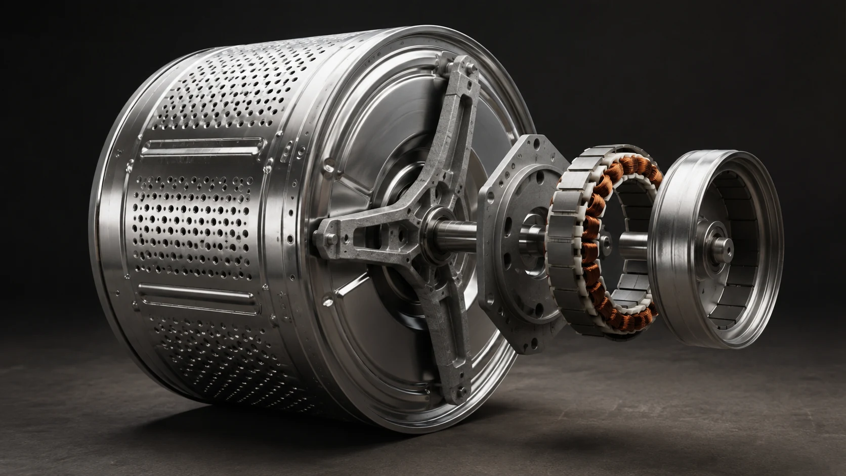 Exposed stainless-steel drum and separated motor components in a studio concept view