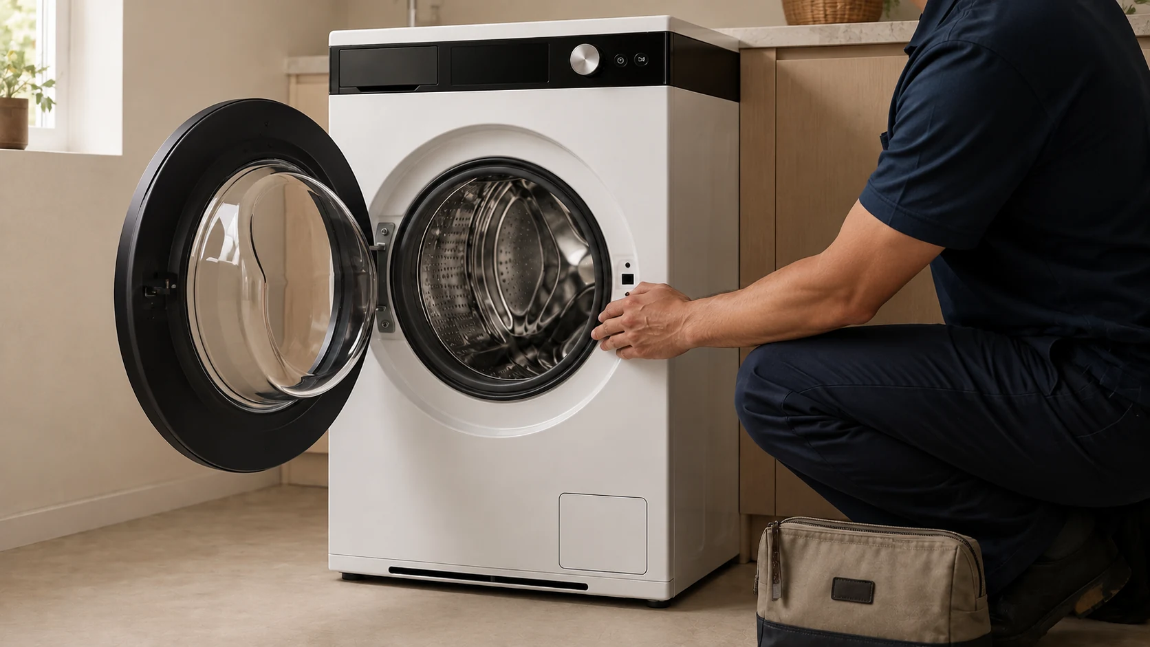 Technician checking the seal at Washer One’s open door