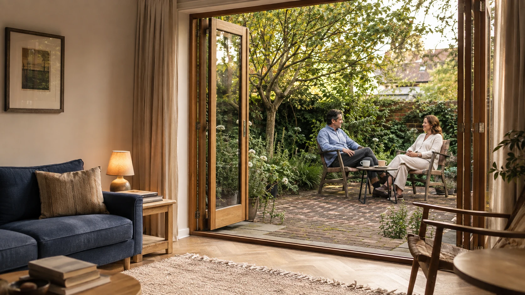 A comfortable sitting room opening onto a garden where two people are relaxing.