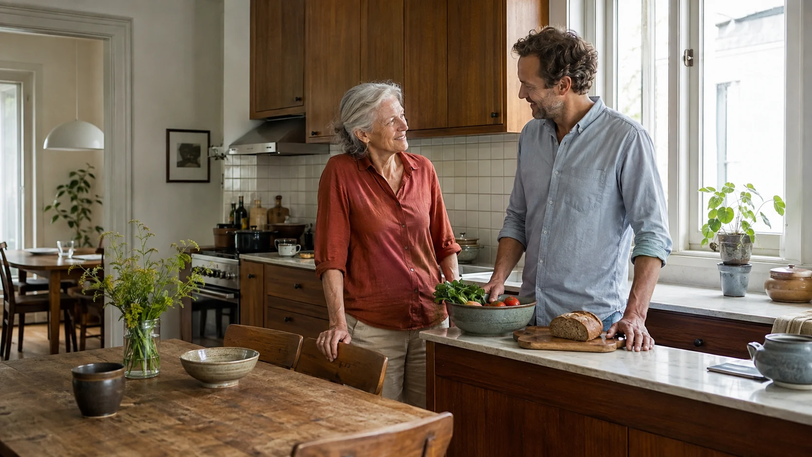 Two generations preparing lunch together in a familiar kitchen.