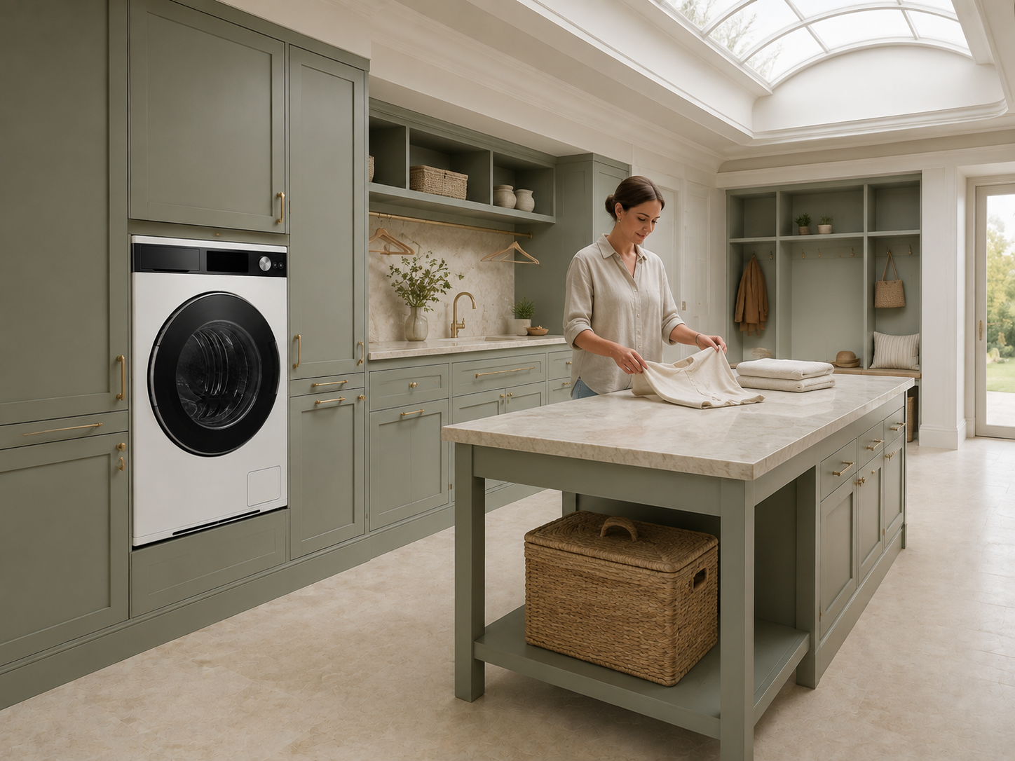 A person folding laundry beside Washer One