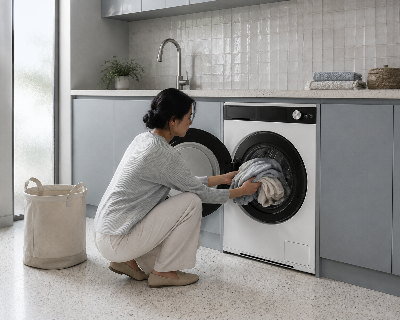 A person loading clothes into Washer One