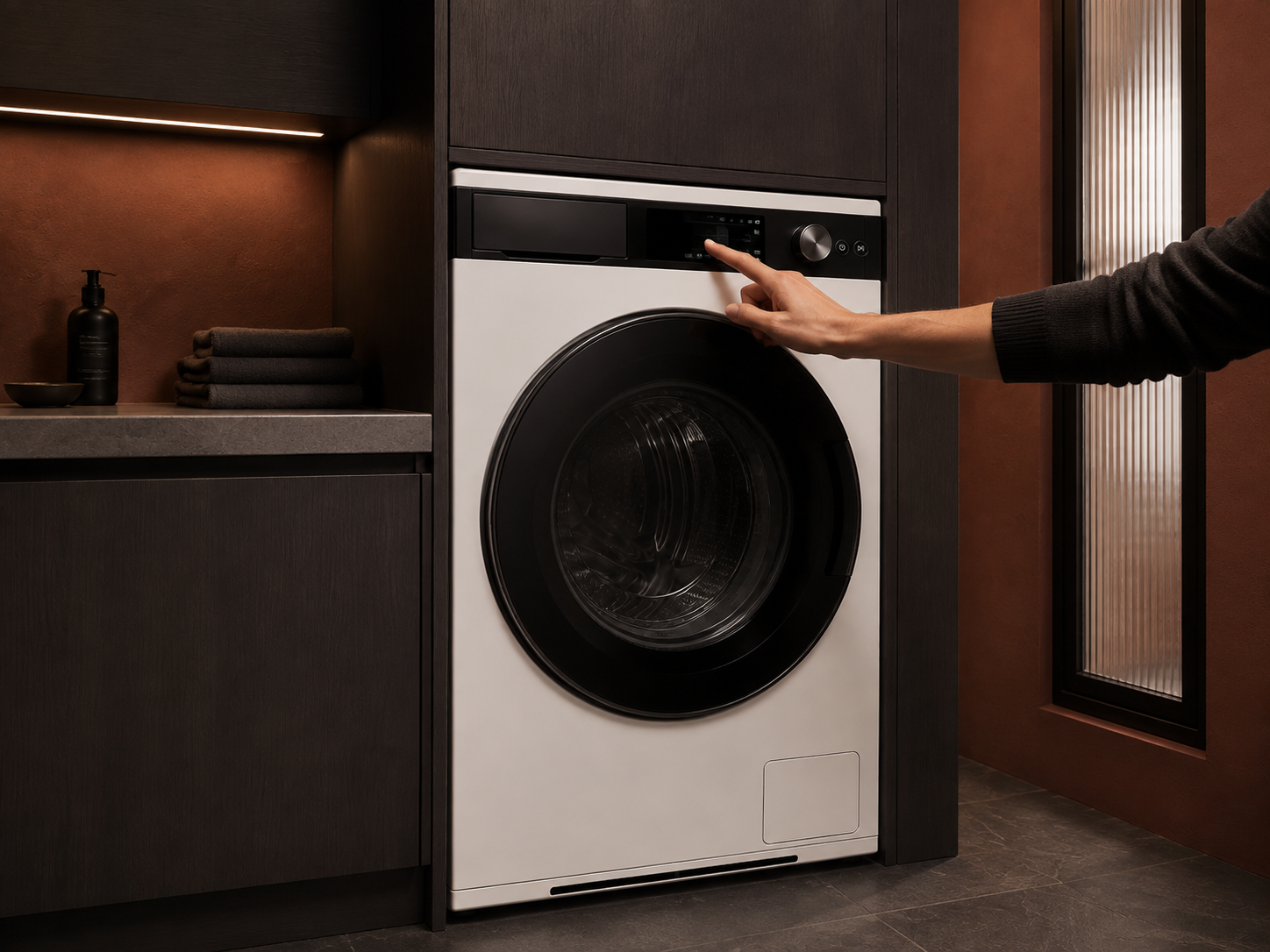 A hand selecting a cycle on Washer One