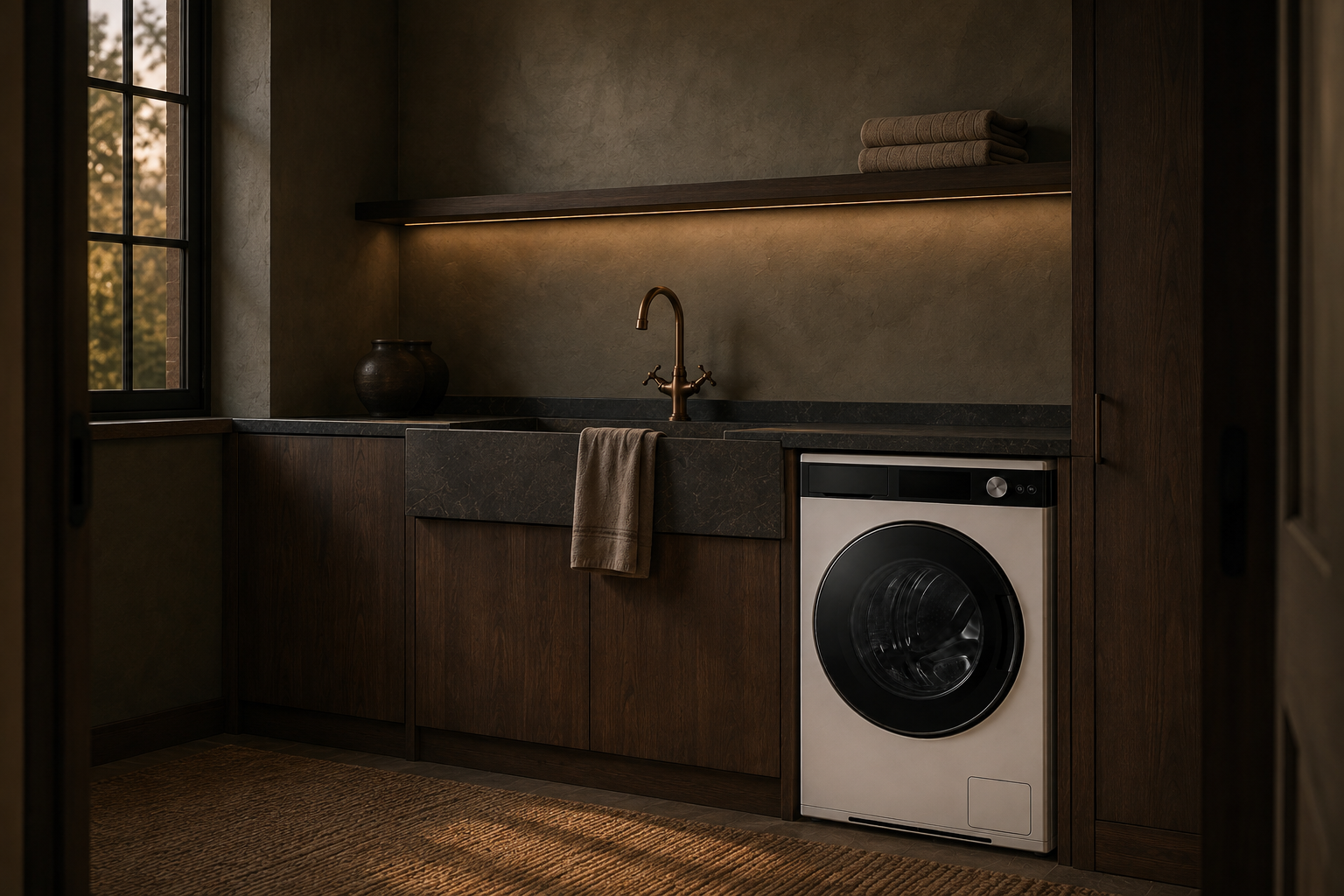 Washer One in a dark wood laundry room