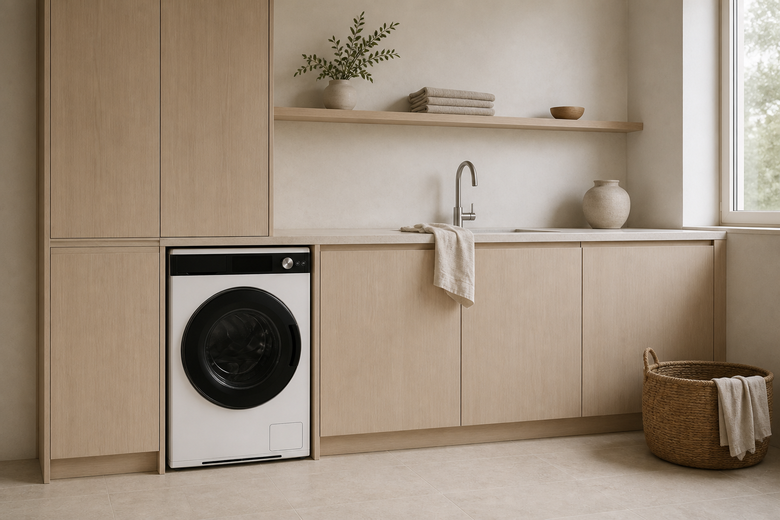Washer One in a pale oak laundry room
